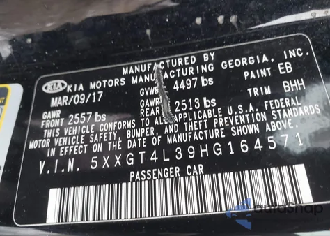 2017 Kia Optima Lx from USA, damaged, VIN 5XXGT4L39HG164571